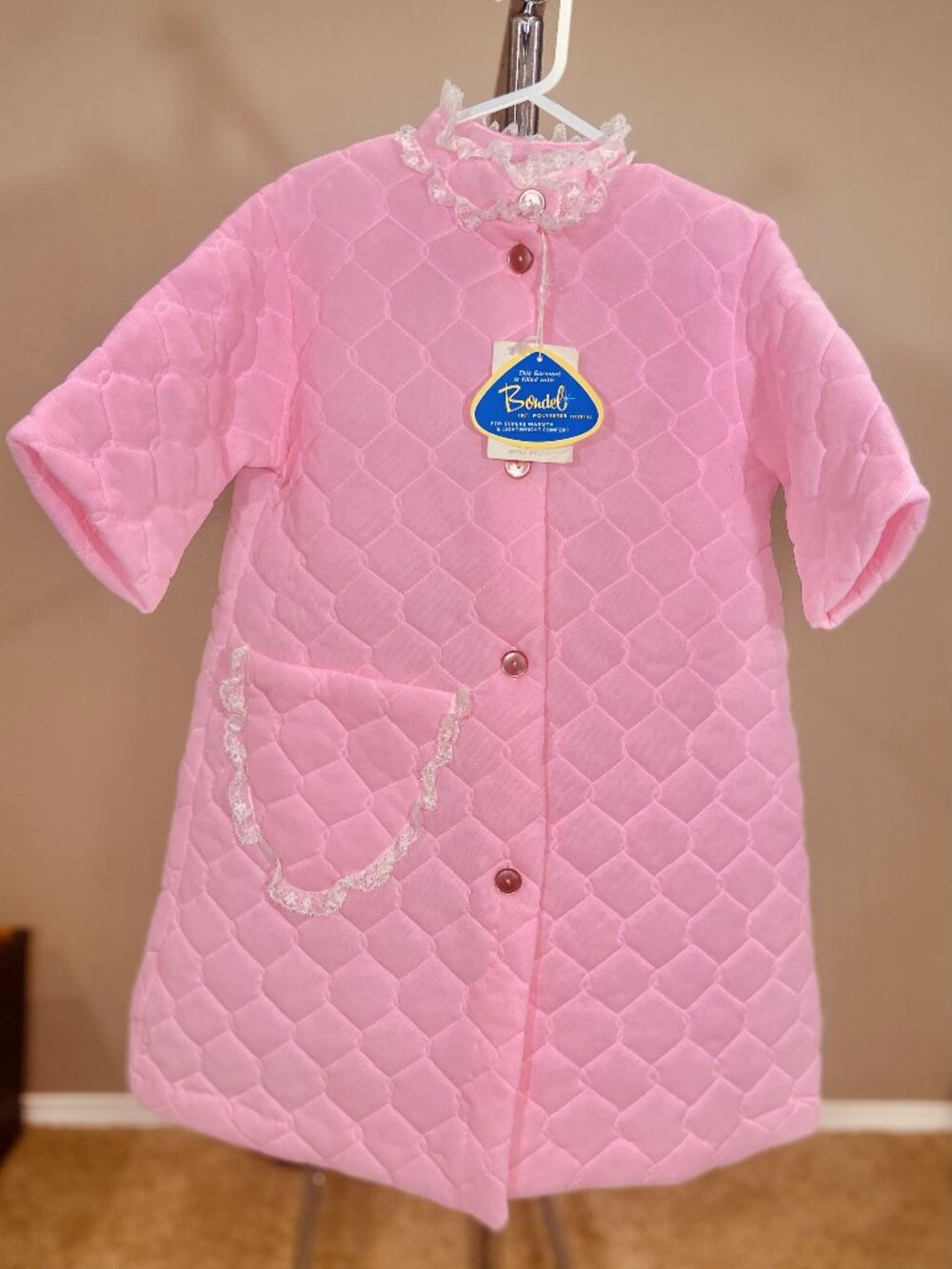 Vintage NWT Pink Quilted Robe Lace Collar Front Pocket Size 10